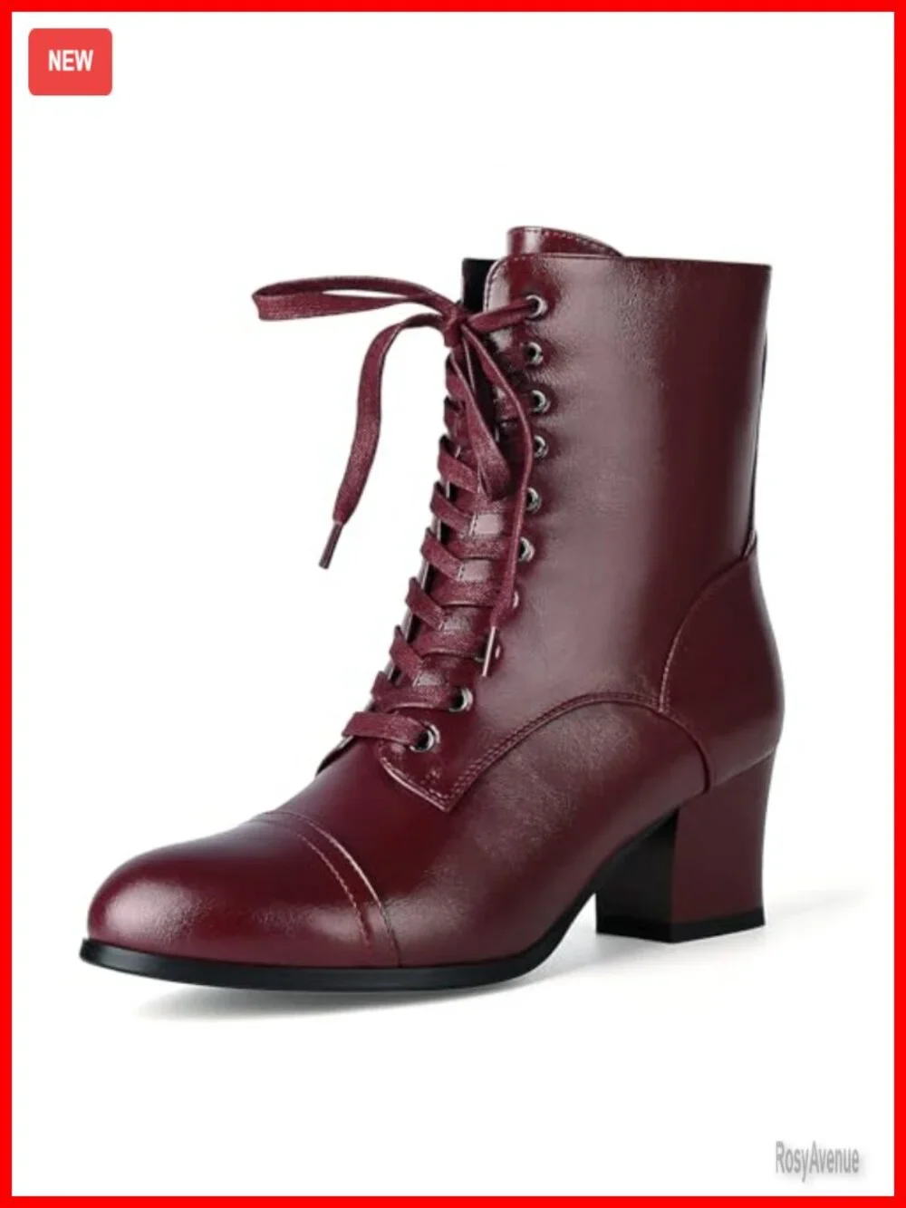 Victorian Lace Up Ankle Boots Block Chunky Mid Heel Side Zipper